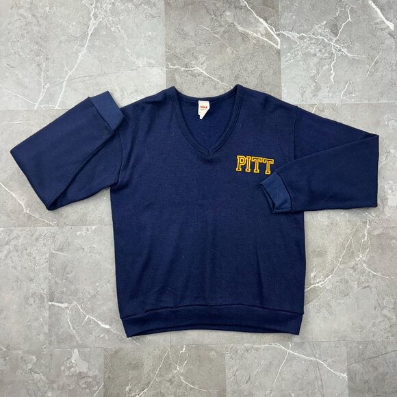 VINTAGE PITT PANTHERS SWEATER MENS MEDIUM V NECK PULLOVER KNIT PITTSBURGH BLUE - Picture 1 of 10